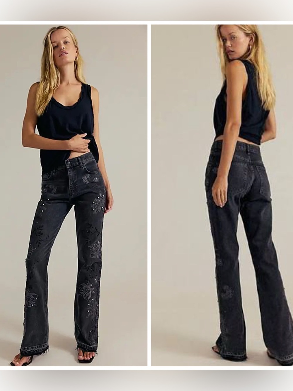 We The Free People Irie Embroidered and Studded Jeans NWT 31 Black 33” Inseam